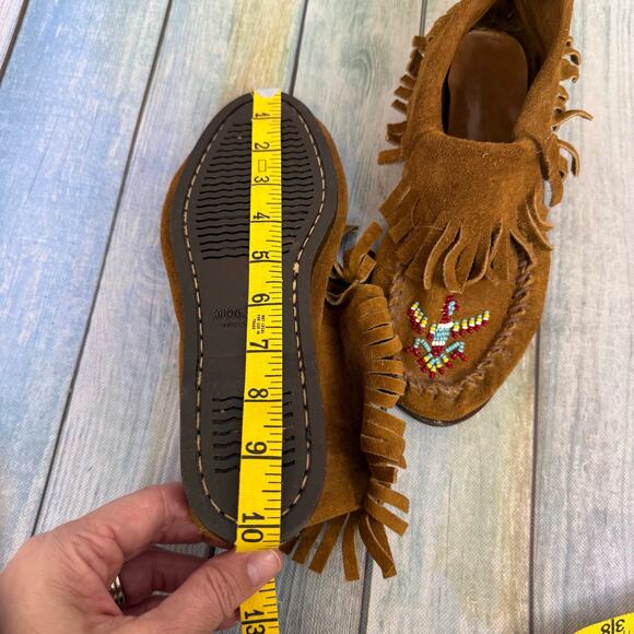 Minnetonka Brown Leather Moccasin Boots Thunderbird Beading Size 7 Vintage - Picture 10 of 10